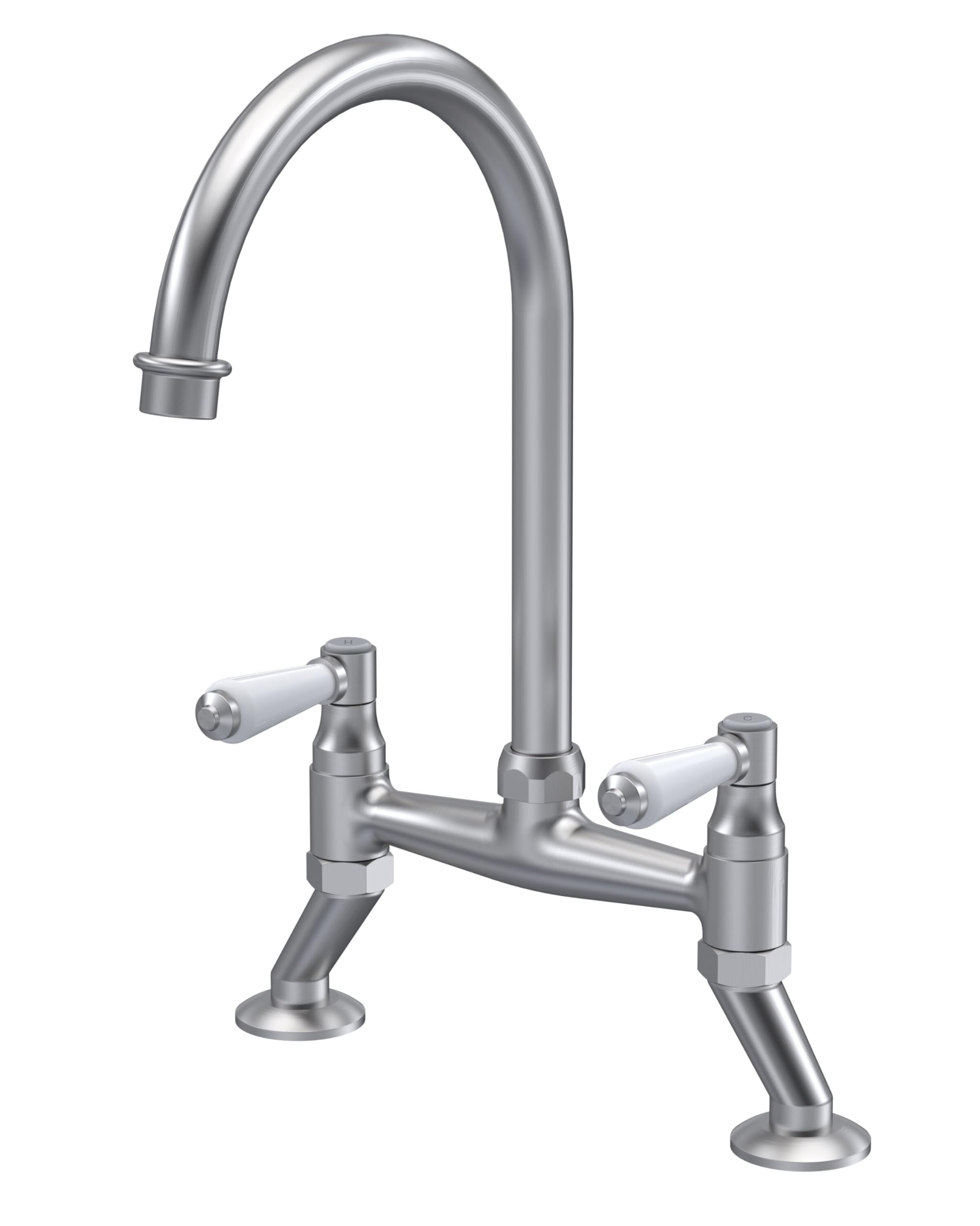 Balterley Brushed Nickel Kitchen Tap With Dual Lever Handles, Bridge Kitchen Mixer Tap, Bridge Mixer Taps For Sink, Round Base With Curved Spout Taps For Sink - 235 X 200 X 510Mm (Brushed Nickel)