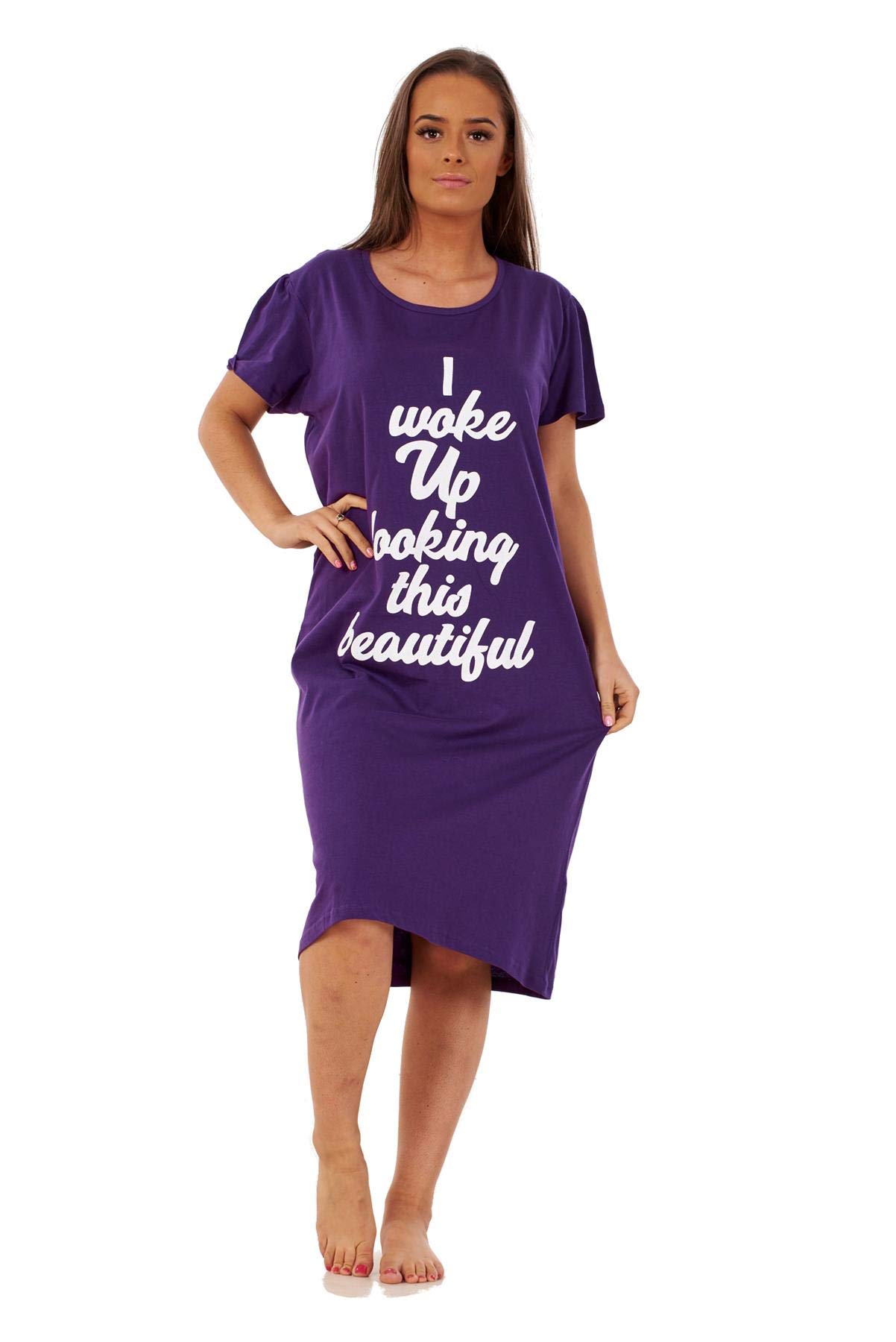 Malay Women's Purple Woke Up Nightdress Round Neck Printed Words Short Sleeve Nightie Nightshirt M-Xxl