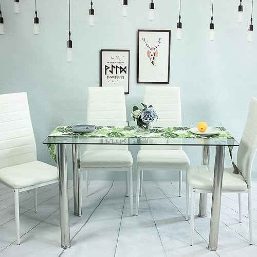 Miniatura 7 de Henf Juego de mesa de comedor de 5 piezas moderno juego de mesa de comedor para 4 personas con mesa superior de cristal templado y 4 sillas de piel