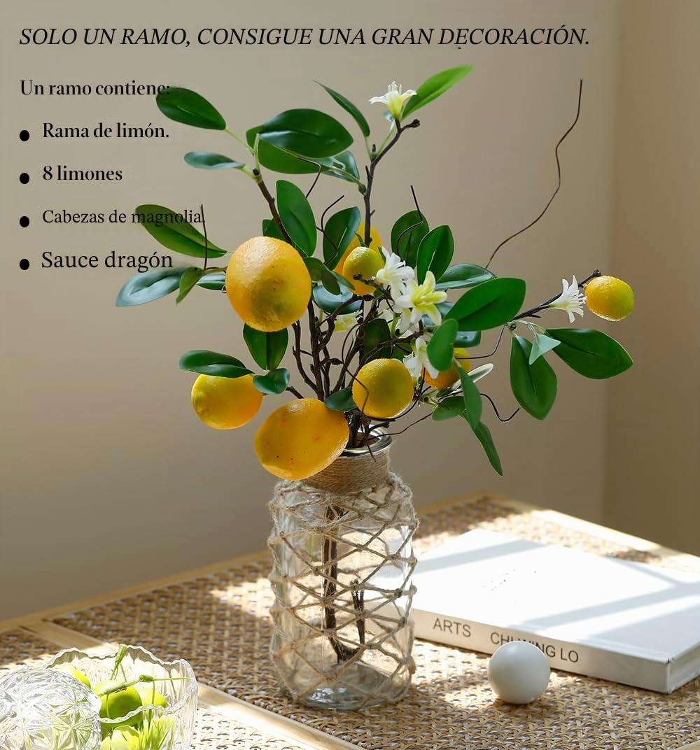 Laelfe Ramas de Limón Artificial, 8 Cabezas Amarillas Falsas Lemon Twigs con Ramas de Sauce Decoración de Limón Falso para Decoración para el Hogar Cocina Dormitorio Boda (18.9in)