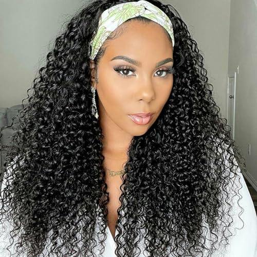Image of Celiarita Headband Wig Human Hair Kinky Curly 24 inch None Lace Front Wig Human Hair Machine Made Wigs Glueless Curly Hair Headband Half Wigs for Black Women Natural Color
