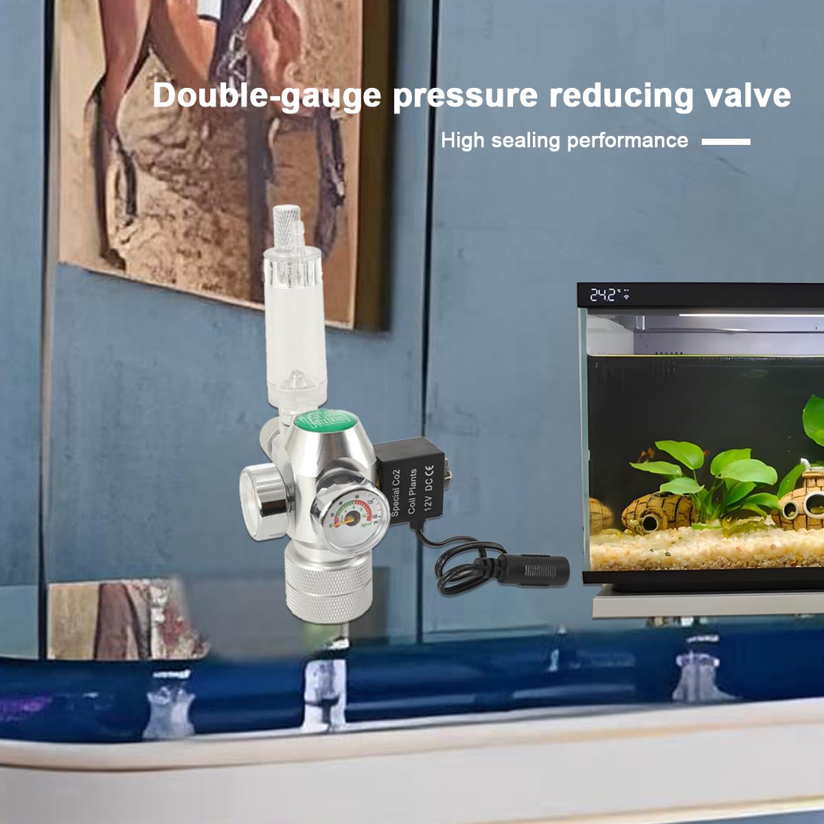 CO2-Regler für Aquarien, CO2 Druckminderer für bepflanztes Aquarium | CO2 Druckminderer mit Magnetventil & Blasenzähler, nur für Sodastream-Flasche. Kein Adapter ist erforderlich