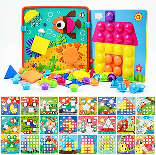 JoyGrow Button Art Toys Color Matching Mosaic Pegboard for Kids,2-in-1 Color Geometry Shape Cognition Skill Early Learning Educational Toys for Boys and Girls 72 PCS Buttons and 24 templates