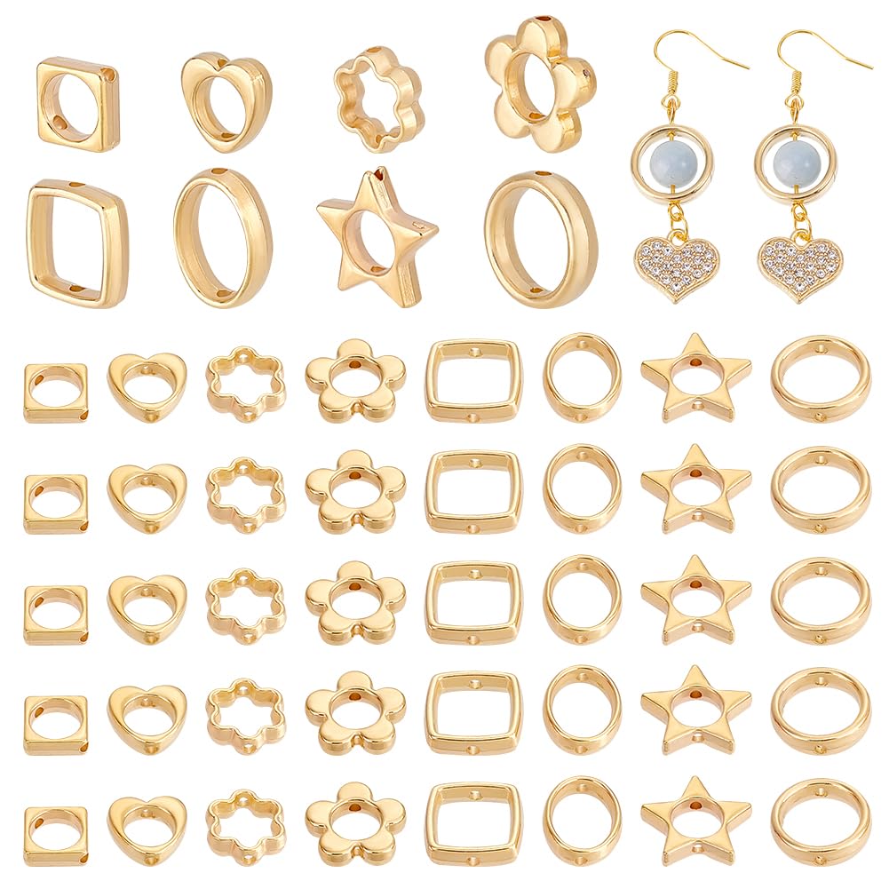 PH PandaHall 180pcs 9 Styles Golden Bead Frames, 10~16mm Double Hole Frame Spacer Beads Heart/Flower/Star Plastic Bead Hugger Frame Link Connectors