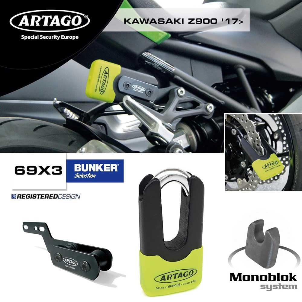 Artago 69X3 Pack Lucchetto Antifurto Bloccadisco ad Alta Sicurezza + Suporto per Kawasaki Z900, Omologato SRA, Sold Secure Gold, ART4