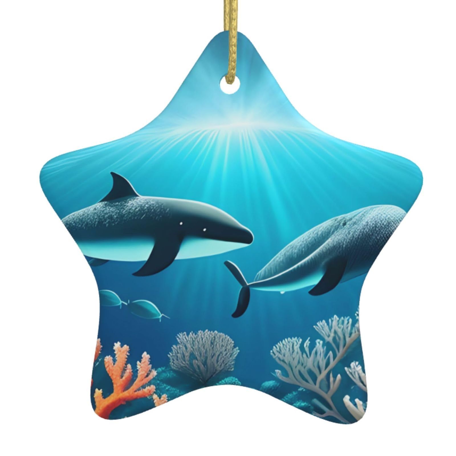 Whales Under The sea Christmas Ceramic Star Pendant with Punched Holes and Gold Wire Rope, Christmas Tree Home Decoration