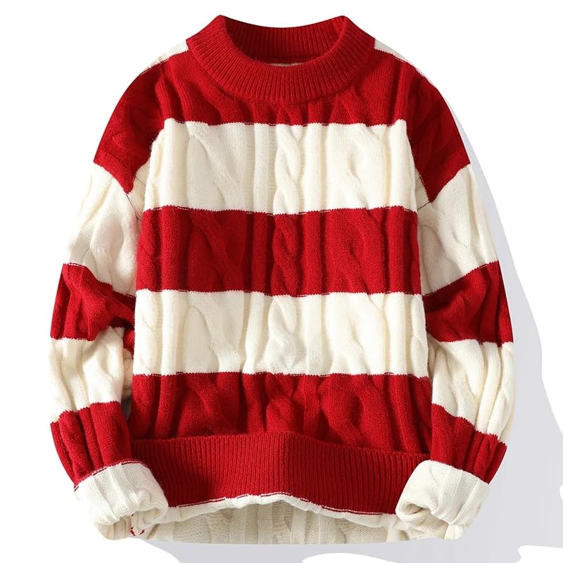 Men Long Sleeve Stripe Sweater Harajuku Printed Pullover Top Oversized Loose Round Neck Knitwear4