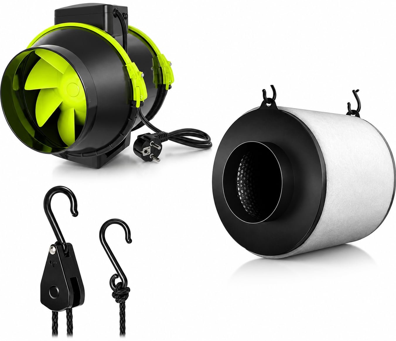 Kit de extracción Garden Pro. Motor eficiente de bajo Nivel sonoro con Filtro eficaz. Compuesto por TT125ø 250m3/h + Proactiv 125ø 280m3/h + Poleas 2 und Lightanger 5kg