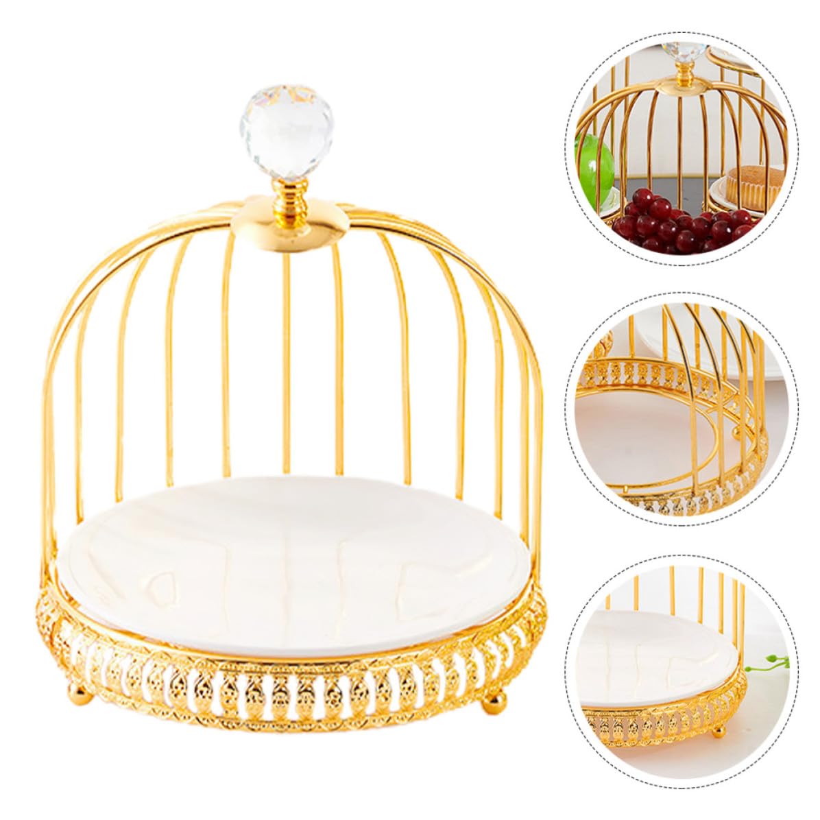 Scaffale per Dolci a Forma di Gabbia in Ferro e Ceramica Oro, Espositore per Dolci e Snack, Vassoio per Dessert per Feste di Compleanno e Party