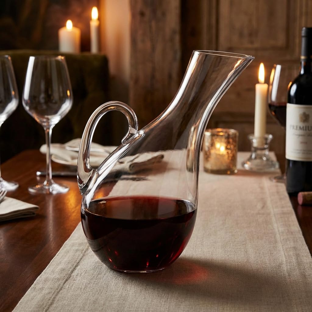 Decanter per Vino Rosso in Cristallo, Bicchiere per Laerazione del vino, Caraffa Vino in Vetro Trasparente, Decantatore Areatore per Rosso di Design Originale Capienza 1,5 Litri