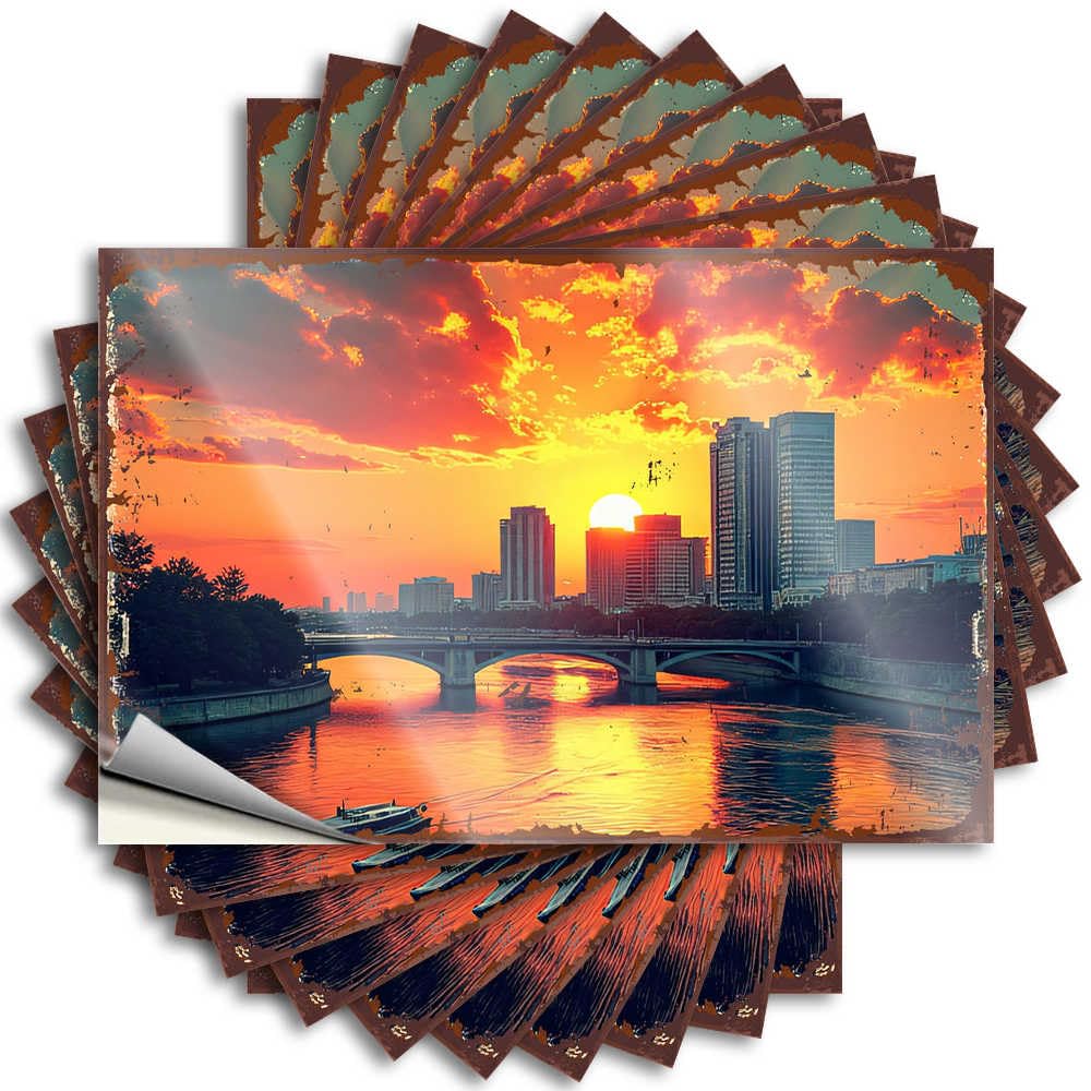 Happy Decal, Bedroom Door Decorations Hat Sunset Over Modern Cityscape with Bridge and Boat | Funny Quote Gamer Decals(8X12CM)