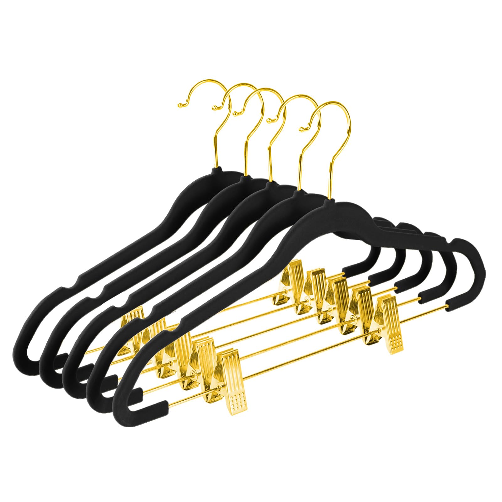 MIZGI Premium Kleiderbügel aus Samt mit verstellbaren Clips (30 Stück) schmale Rock-Kleiderbügel - rutschfeste Filz-Kleiderbügel schwarz - goldene Haken, platzsparende Hemd-Kleiderbügel