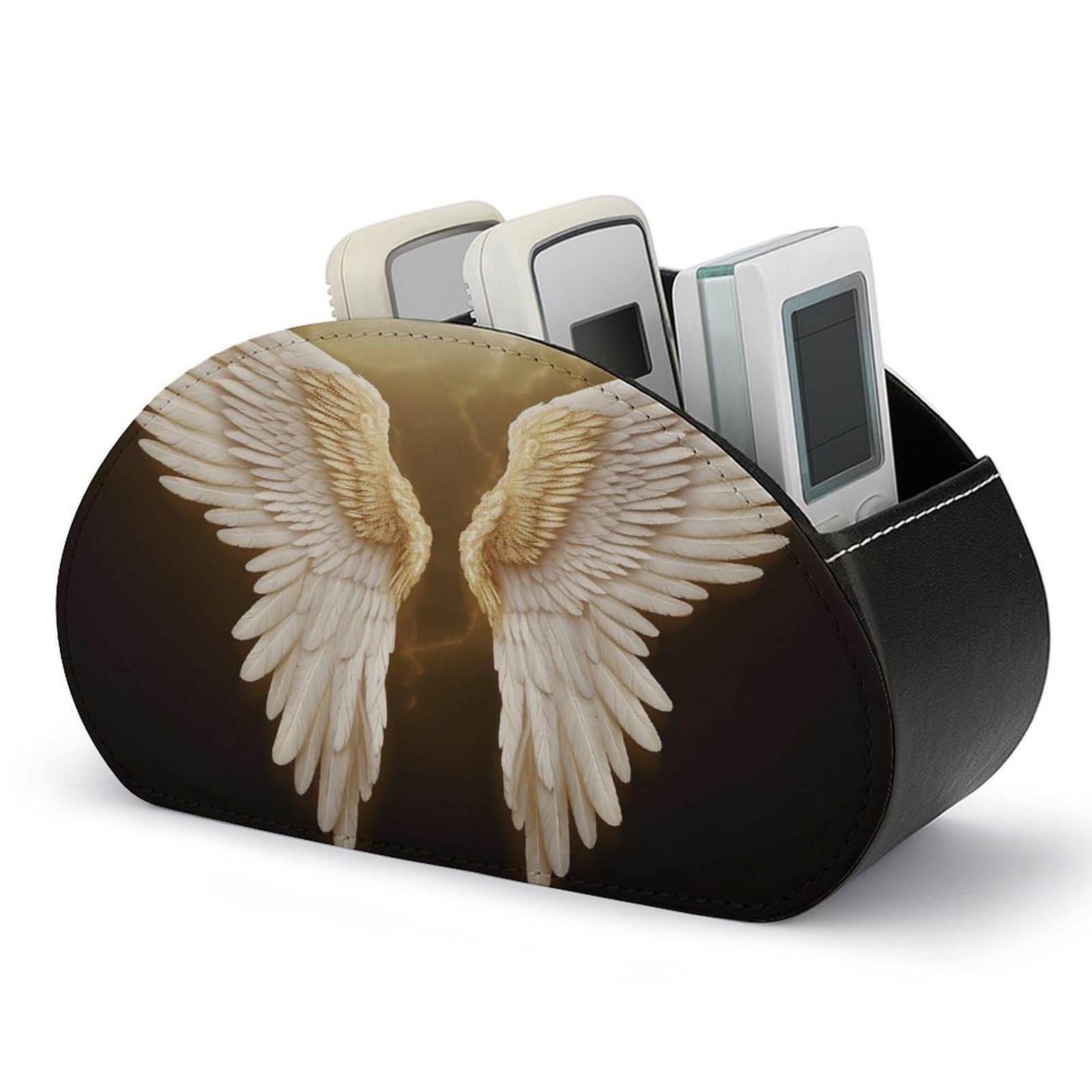 VstaDank Angel Wing Remote Control Holder with 5 Compartments PU Leather Remote Caddy Desktop Organizer Store TV Remote Control Storage Box for Home Office Desk Nightstand