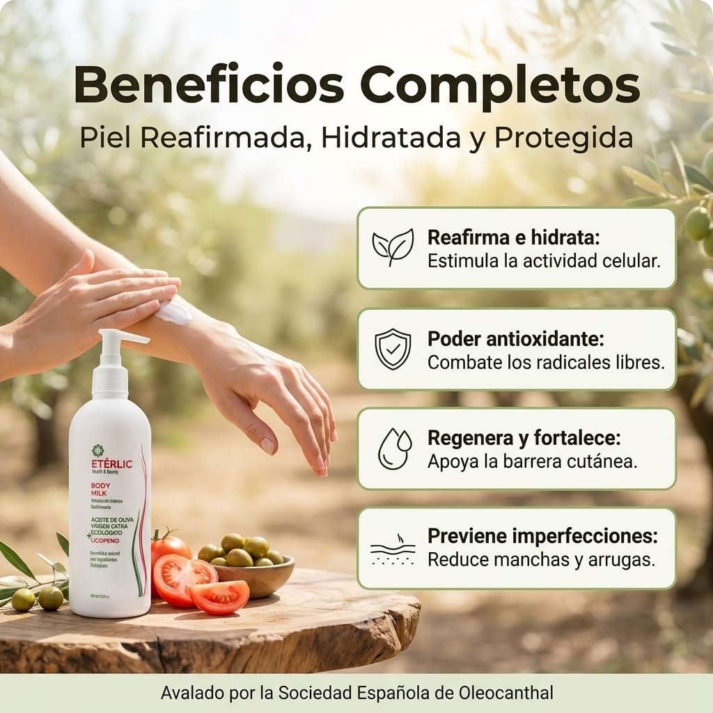 ETÊRLIC Body Milk 400ml - Cosmecéutico Natural con ACEITEROL | Aceite de Oliva Ecológico, Centella Asiática, Antiinflamatorio, Antioxidante, Reafirmante para Piel Madura