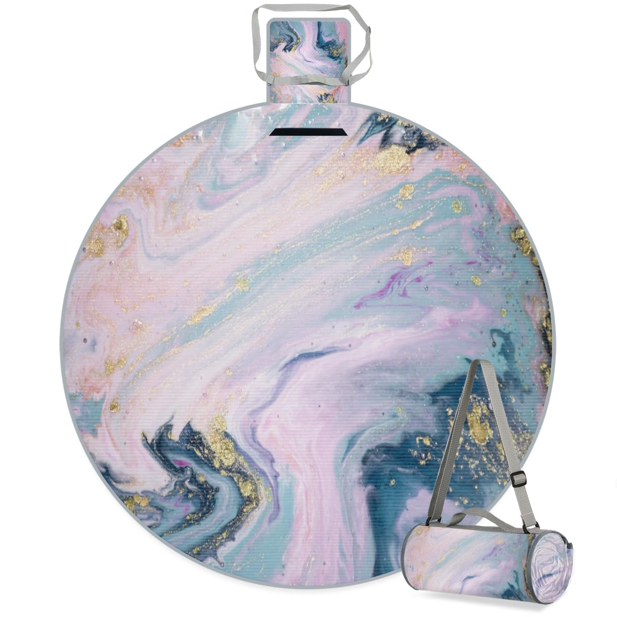 Shimoshe Colorful Marble Texture Picnic Outdoor Blanket Foldable Waterproof Sandproof Beach Blanket Portable Water-Resistant Round Picnic Mat for Travel Camping Park Lawn