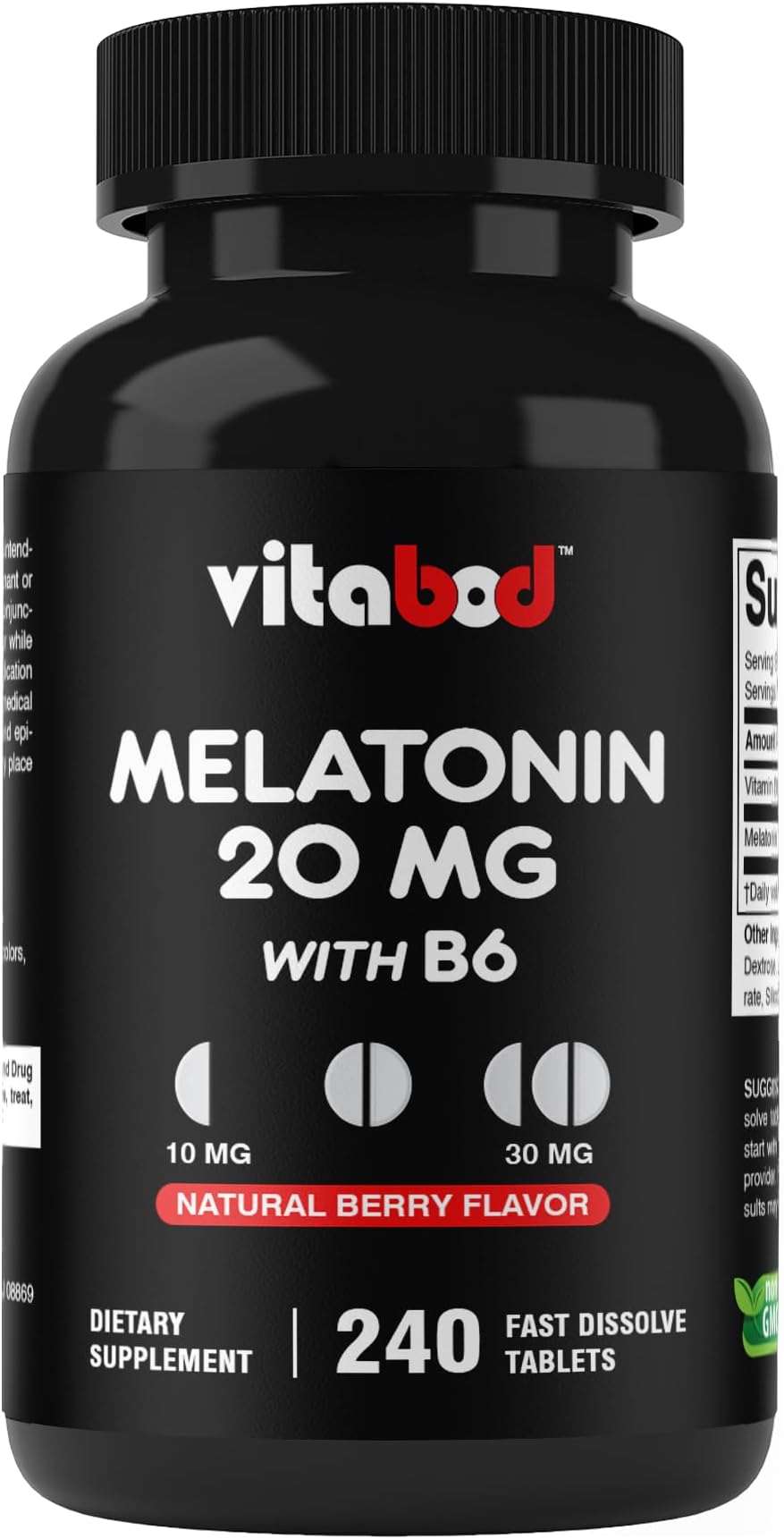Vitabod Melatonin 20 mg - 240 Fast Dissolve Tablets - Drug Free - Natural Berry Flavor - Vegetarian, Non-GMO, Gluten Free 240 Count (Pack of 1) (240 Count (Pack of 1))