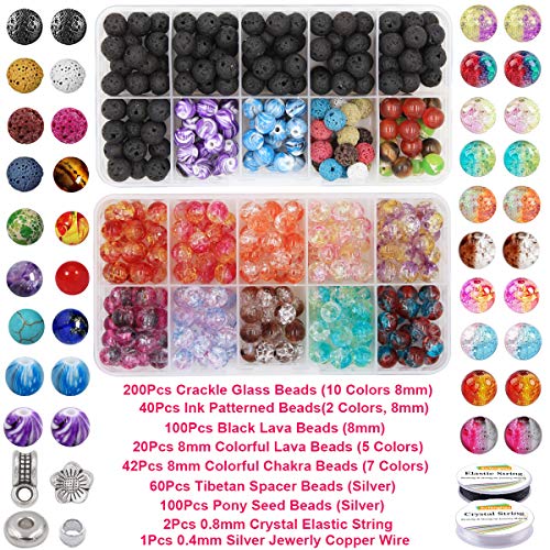 Eutenghao 878Pcs Lava Beads Chakra Beads Glass Crackle Beads Kit With Spacer Beads Jump Ring Jewelry Findings For Diffuser Essential Oils Yoga Bracelets Earrings Necklace Diy Jewelry Making Supplies #TOP2