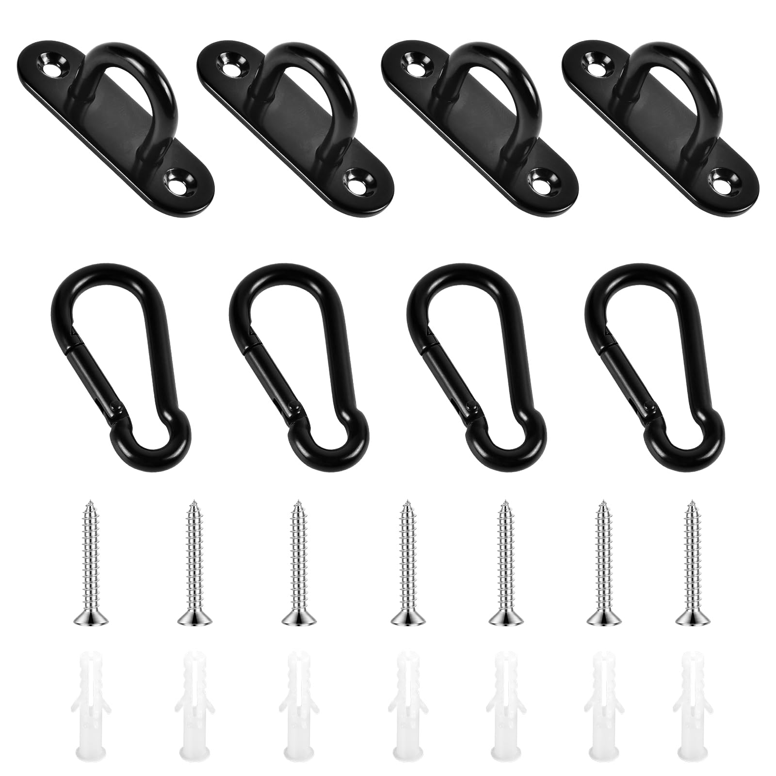 4Set M6 Pad Eye Plate and Carabiner Clips, Black Stainless Steel Staple Ring Hook Suspension Ceiling Hooks with Screws and Plastic Plugs for Training Straps,Shade Sails Rigging