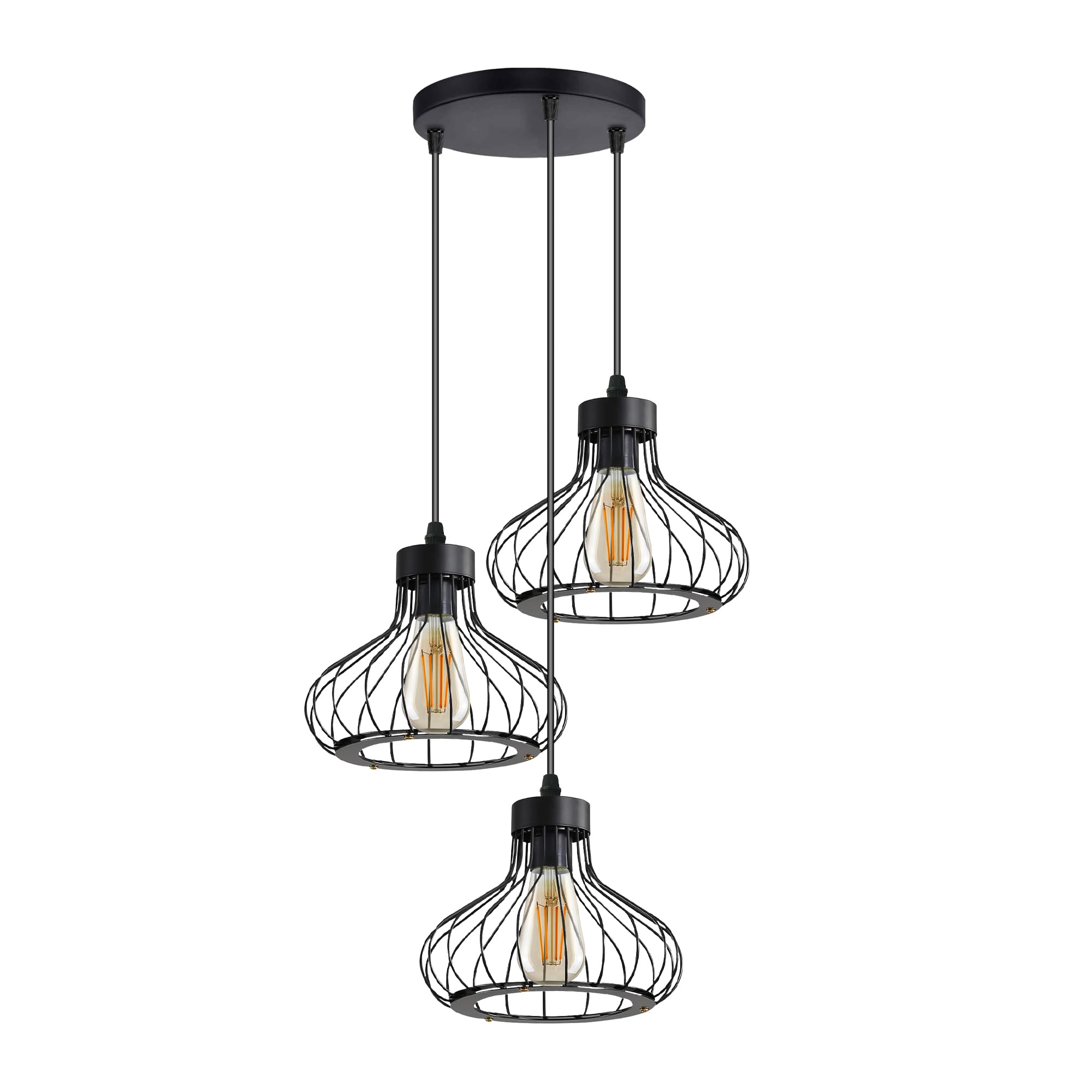 LEDSone Modern 3 Head Pendant Light Black Metal Wire Cage Cluster Shade E27 Socket Hanging Ceiling LampWith 95 cm Adjustable Cable Easy Fit for Bar Restaurant Kitchen Living Room Hotel Coffee Shops