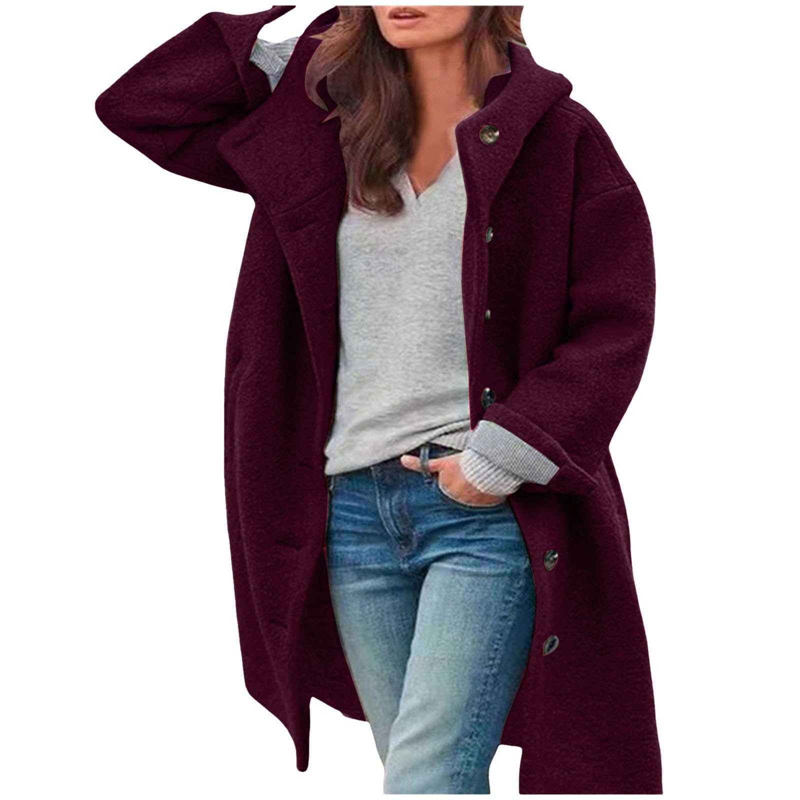 SRZYMJ Rot Mantel Damen Wollmantel Herbst Damen-Mäntel Wolle Übergangsmantel Wintermantel Slim Fit Wolljacke Trenchcoat Einfarbig Herbstmantel Freizeit Kurzmantel Warme Winterjacke Outdoor Jacken