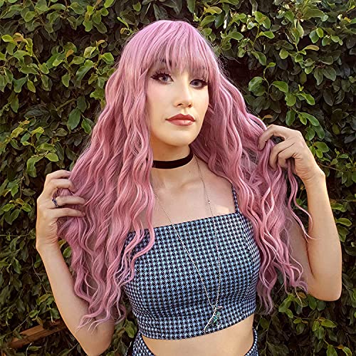 Vigorous Pink Wig Long Wavy Wigs with Bangs Synthetic Colorful Hair Wig Natural Looking Heat Resistant Cosplay Wigs for Women Daily Party Use 20”