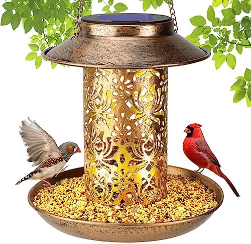 iHoven Solar Bird Feeders for Outdoors Hanging, Squirrel Proof Waterproof Metal Cardinals Bird Feeder with Solar Power for Outside, Wild Bird Gift for Bird Lovers Yard Garden Decoration Lantern Light