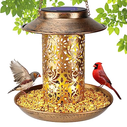 Ihoven Solar Bird Feeders For Outdoors Hanging, Squirrel Proof Waterproof Metal Cardinals Bird Feeder With Solar Power For Outside, Wild Bird Gift For Bird Lovers Yard Garden Decoration Lantern Light #TOP2