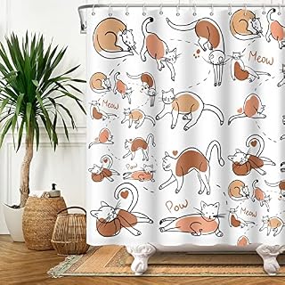 SDOTPMT 70x72inch Cute Cat Shower Curtain Funny Cartoon Cat Hand Printed Bath Curtain Kitten Kitty White Bathtub Curtain Fabric Polyester Waterproof for Kids Bathroom with Hooks