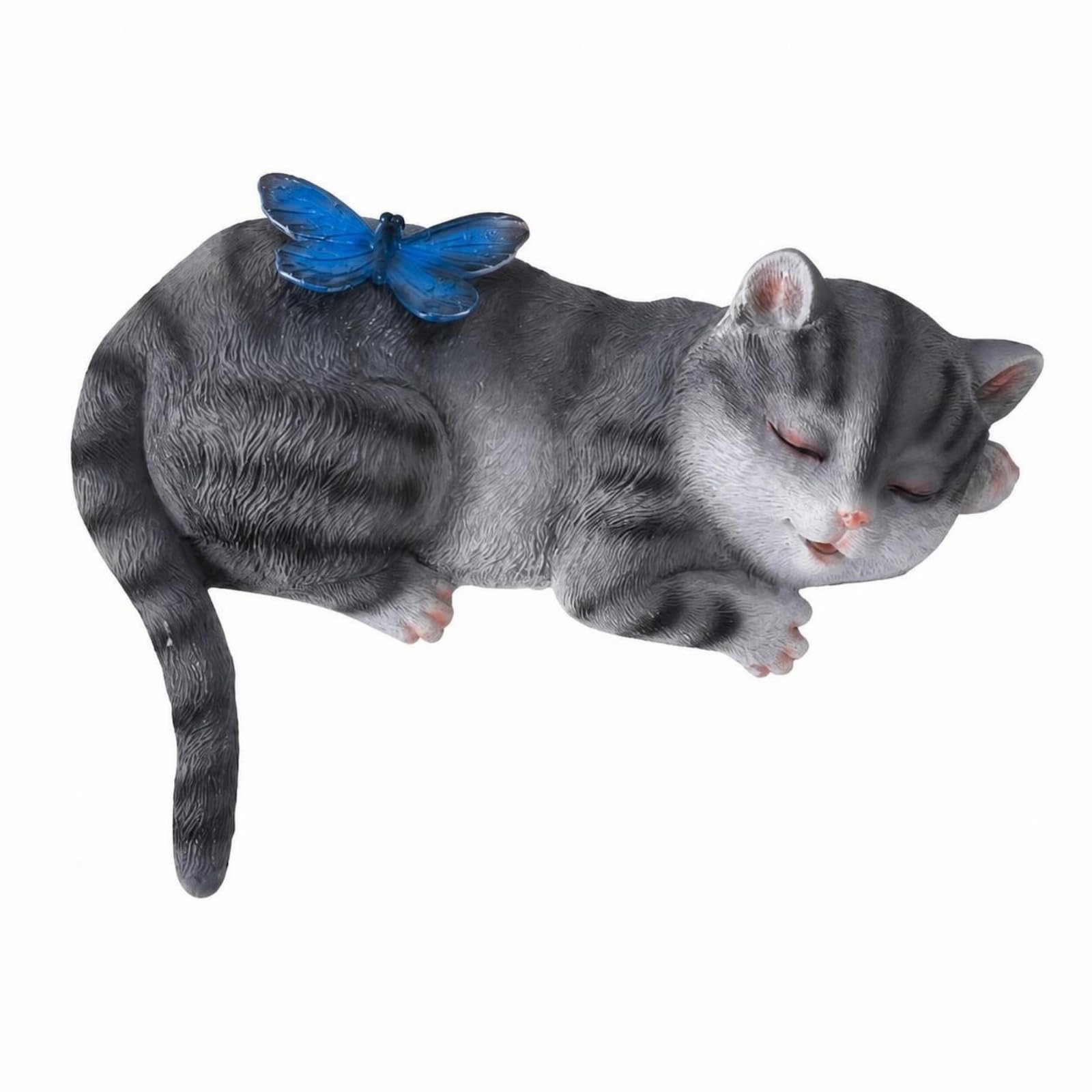 Schlafende Katze als Gartenfigur, Leuchtende Graue Katze