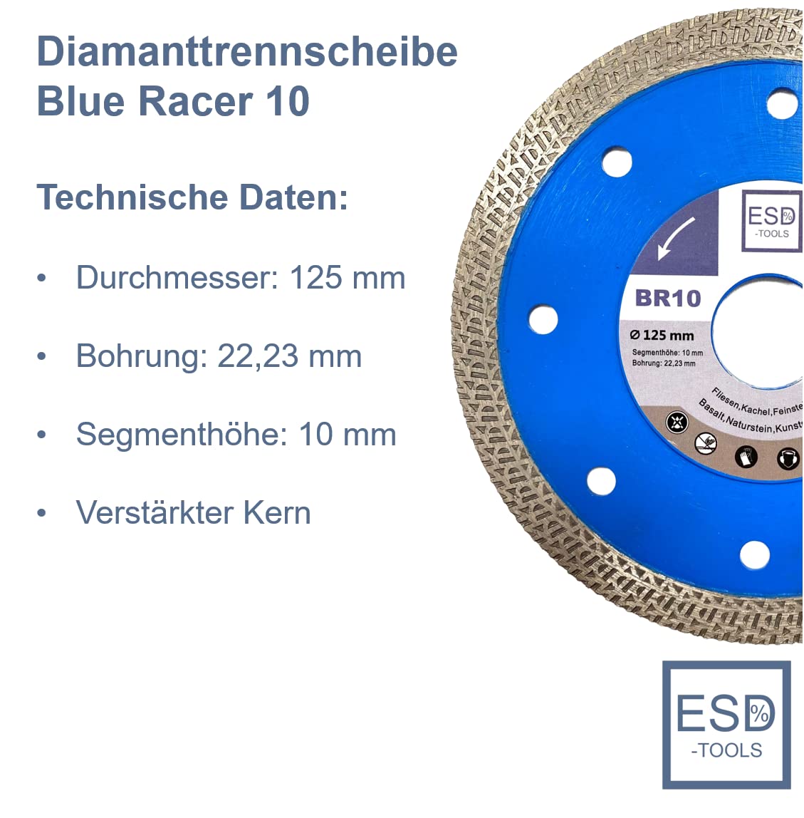10 x de diamante BR10 baldosas con núcleo reforzado Diámetro 125/22,23 orificio/altura del segmento 10 mm/Disco De Corte De Baldosas piedra natural