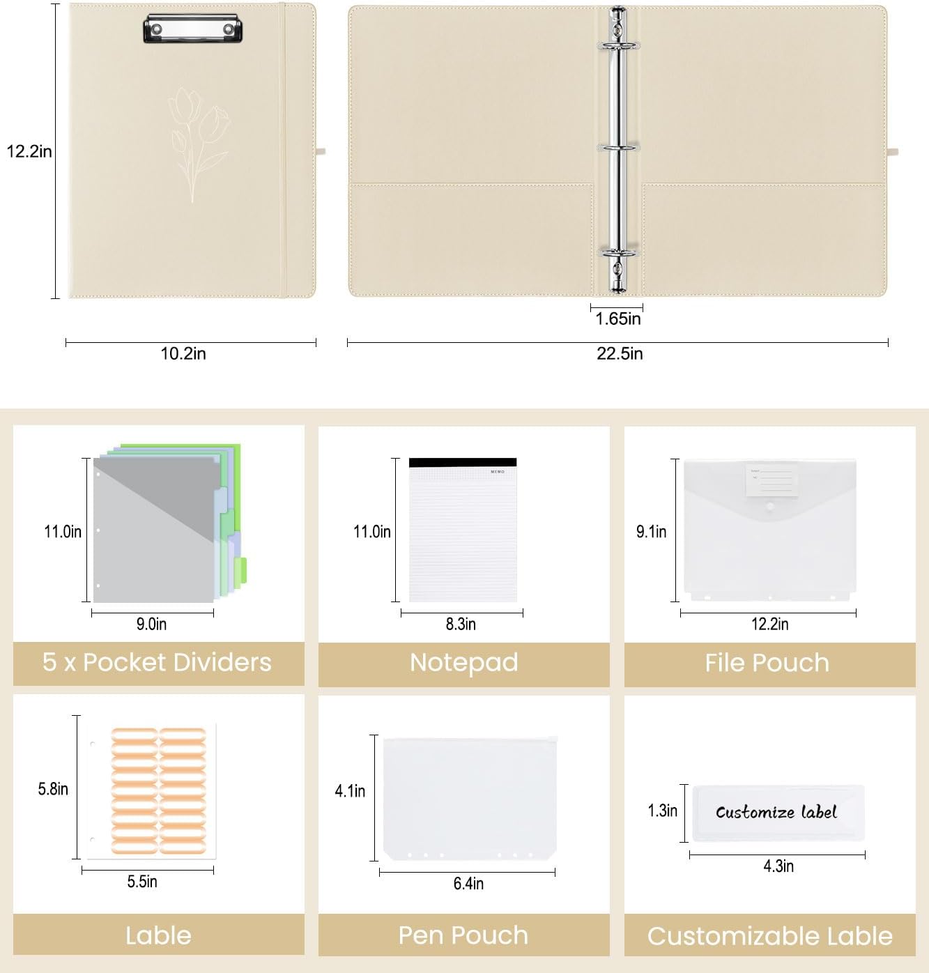 3 Ring Binder with Clipboard,1 Inch Binders with Notepad&5 Dividers with Pockets, Labels,PU Clipboards for School Office(Beige Flower,Letter Size)