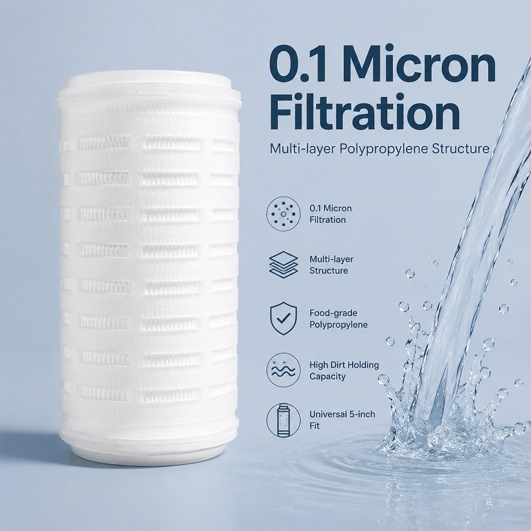 Zestaw 6 uniwersalnych plisowanych filtrów sedymentacyjnych 5 x 2,7 cala, pasujących do5-calowych obudów filtrów do uzdatniania wody w całym domu i obiektach komercyjnych