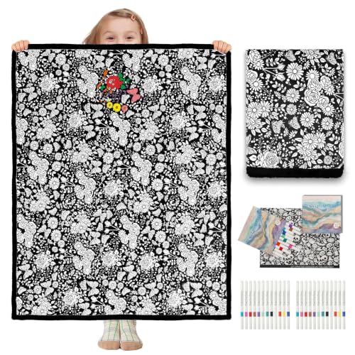 ZHOYIMIMI DIY Coloring Blanket for Adults Color Your Own Blanket with 12 Markers Washable Cozy Velvet Kit for Everyday Use & Home Decor Adds a Unique Touch to Living Rooms or Kids Spaces (Flower)