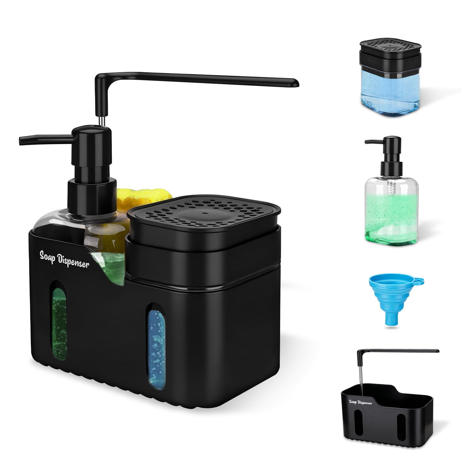 Dispensador de Jabón para Cocina,Dosificador Jabon 4 en 1 con dosificador para jabón de Manos y lavavajillas,Embudo,Soporte para Esponja y Barra para paños,provisto de Base Antideslizante