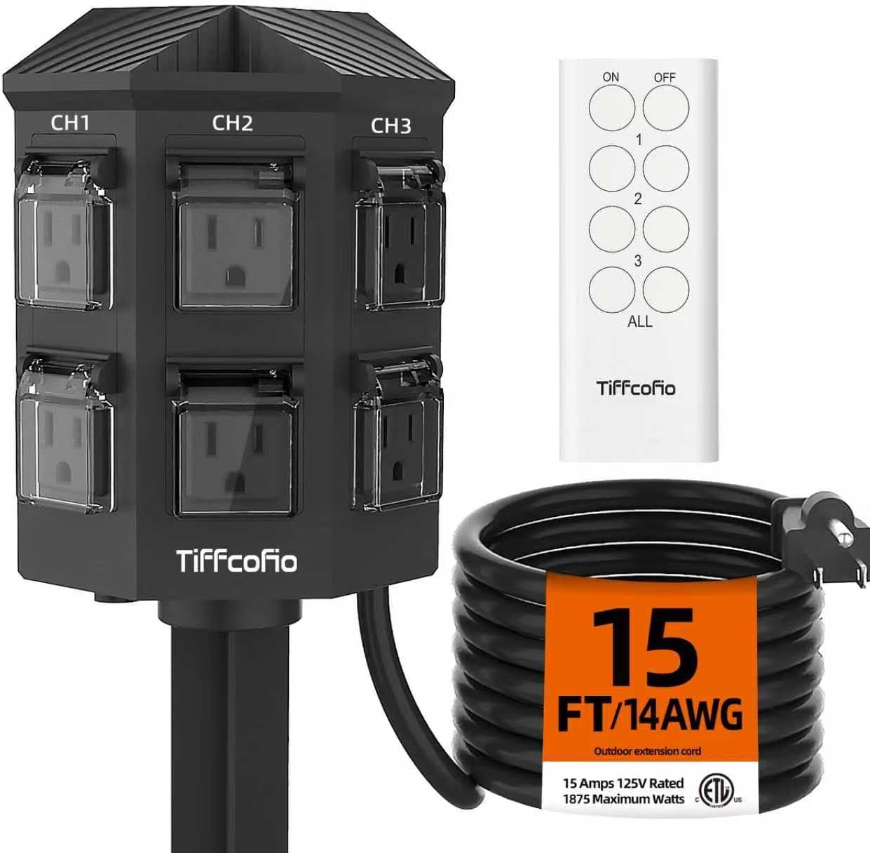 Tiffcofio Outdoor Remote Control Power Strip, 15FT Extension Cord Waterproof, Independent Control Outlets, 6 Grounded Outlets for Outdoor Decorations, 14 AWG, 15A/1875W, ETL Listed (15 FT)