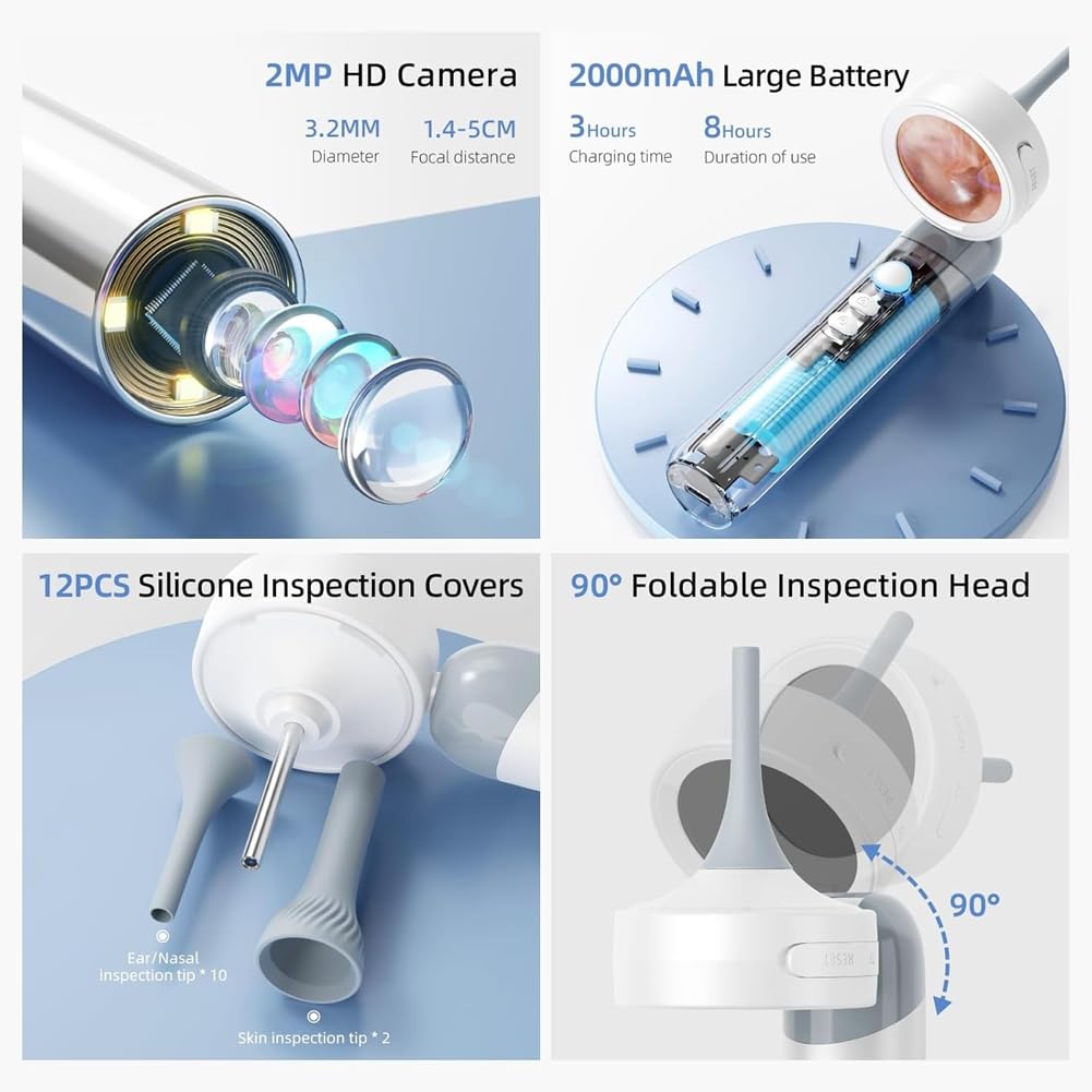 Otoscopio Inalámbrico con Cámara HD de 1080p y 4 Luces LED. Pantalla IPS de 1,38 Pulgadas. Cámara con Cabezal de Inspección.