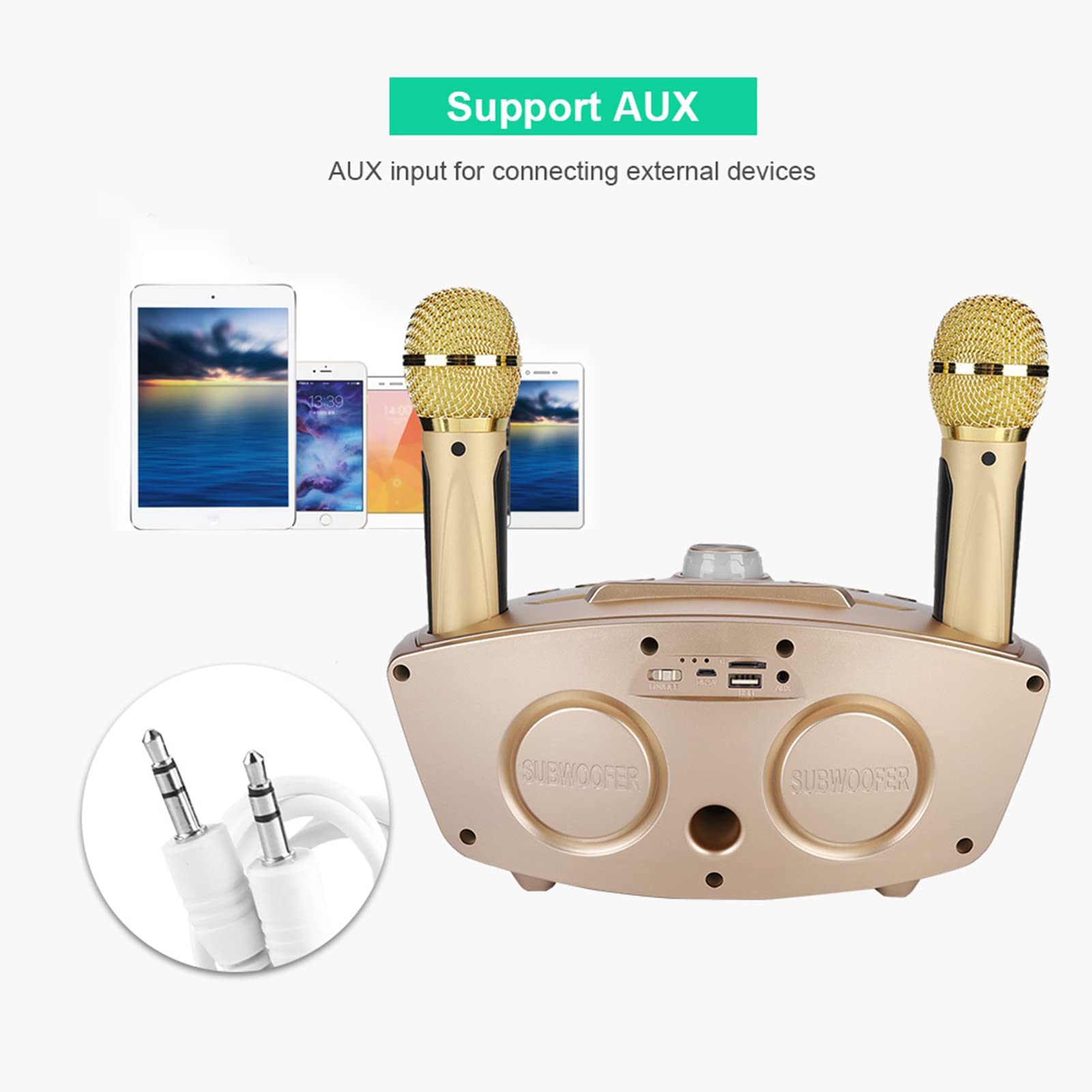 Urządzenie do Karaoke Dla Dorosłych I Dzieci Septpenta, Domowy Głośnik KTV Karaoke Bluetooth Z 2 Mikrofonami, Obsługa Kart Pamięci I Pamięci USB, Na Imprezę Domową(Złoto)