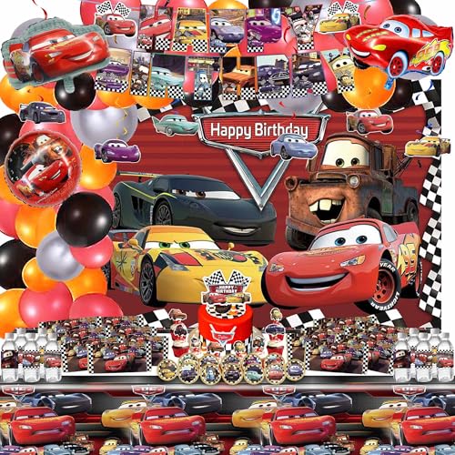 Cartoon Birthday Decorations Car Themed Party Decorations Set with Balloon Backdrop Paper Tableware Tablecloth Banner for Adult Birthday Party