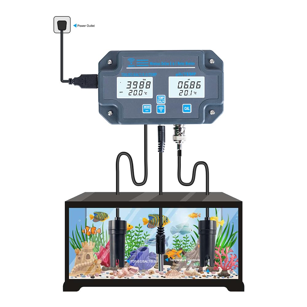 Tester digitale di qualità dell'acqua, montaggio a parete, analizzatore dell'acqua 6 in 1, PH/EC/TDS/SALT/S.G./temperatura, monitoraggio remoto APP, notifica di allarme per acqua potabile,