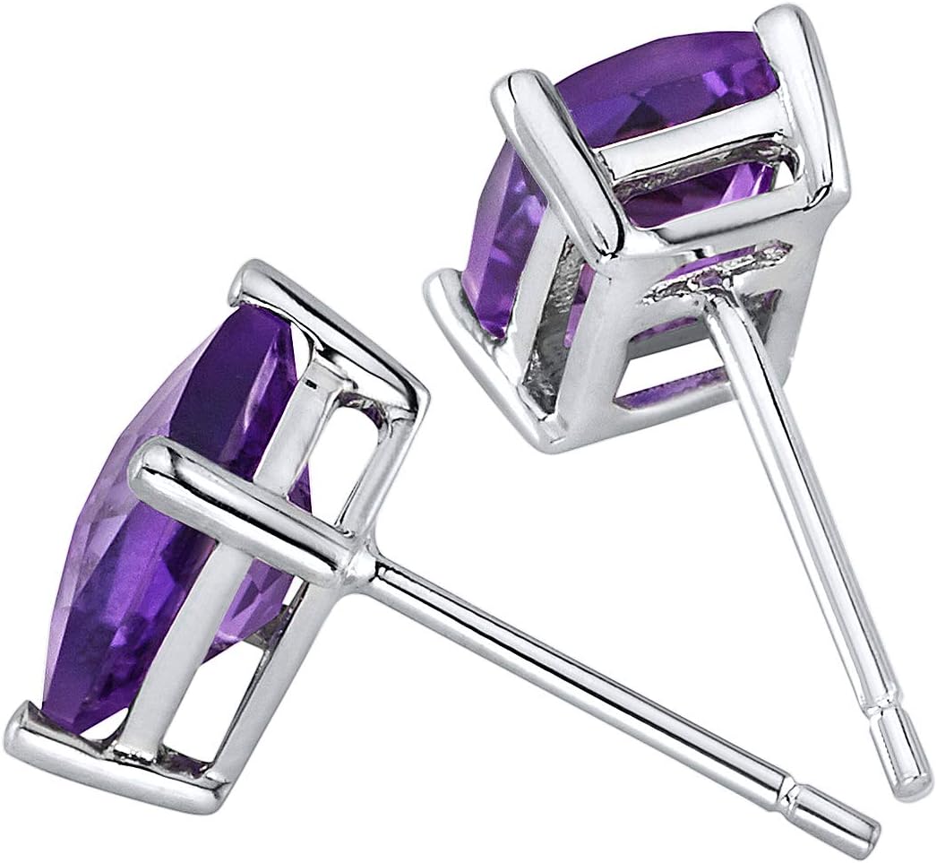 Peora Solid 14K White Gold Amethyst Earrings for Women, Genuine Gemstone Solitaire Studs, 7x5mm Radiant Cut, 1.75 Carats total, Friction Back, Hypoallergenic Gold Stud Earrings,