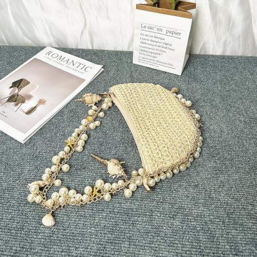 Image of Pearl Straw Clutch Purse for Women Summer Vacation Purses Beach Evening Bag Beaded Shell Handbag