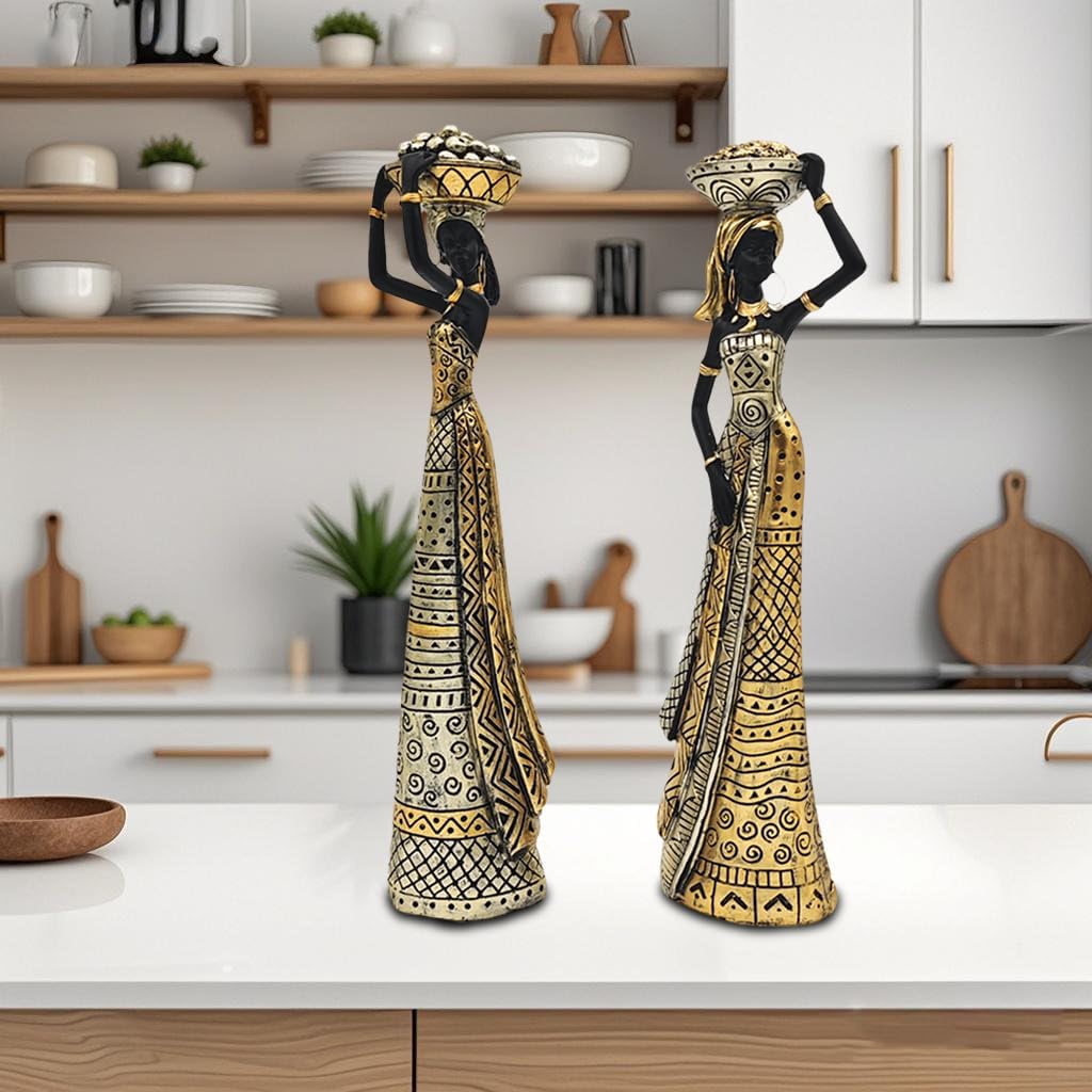 13" African Statues for Home Decor,2-Piece Set Lady Figure Sculptures Decorations for Tables Top,Black Vintage Ornament for Shelf and Living Room,Bookshelf,Décor Accents Gifts for Women