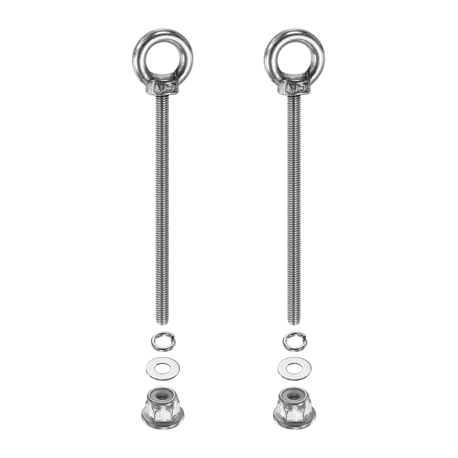 PATIKIL M3 x 50mm Shoulder Eye Bolt, 2 Pcs 304 Stainless Steel Lifting Ring Threaded Eye Bolt with Flange Lock Nuts Spring and Flat Washers for Hanging Tie Down Straps Outdoor Indoor