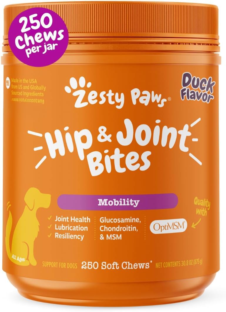 Zesty Paws Hip and Joint for Dogs, Glucosamine for Dogs Hip and Joint Supplement with Chondroitin, MSM, Vitamins C & E - Duck, 250 Count