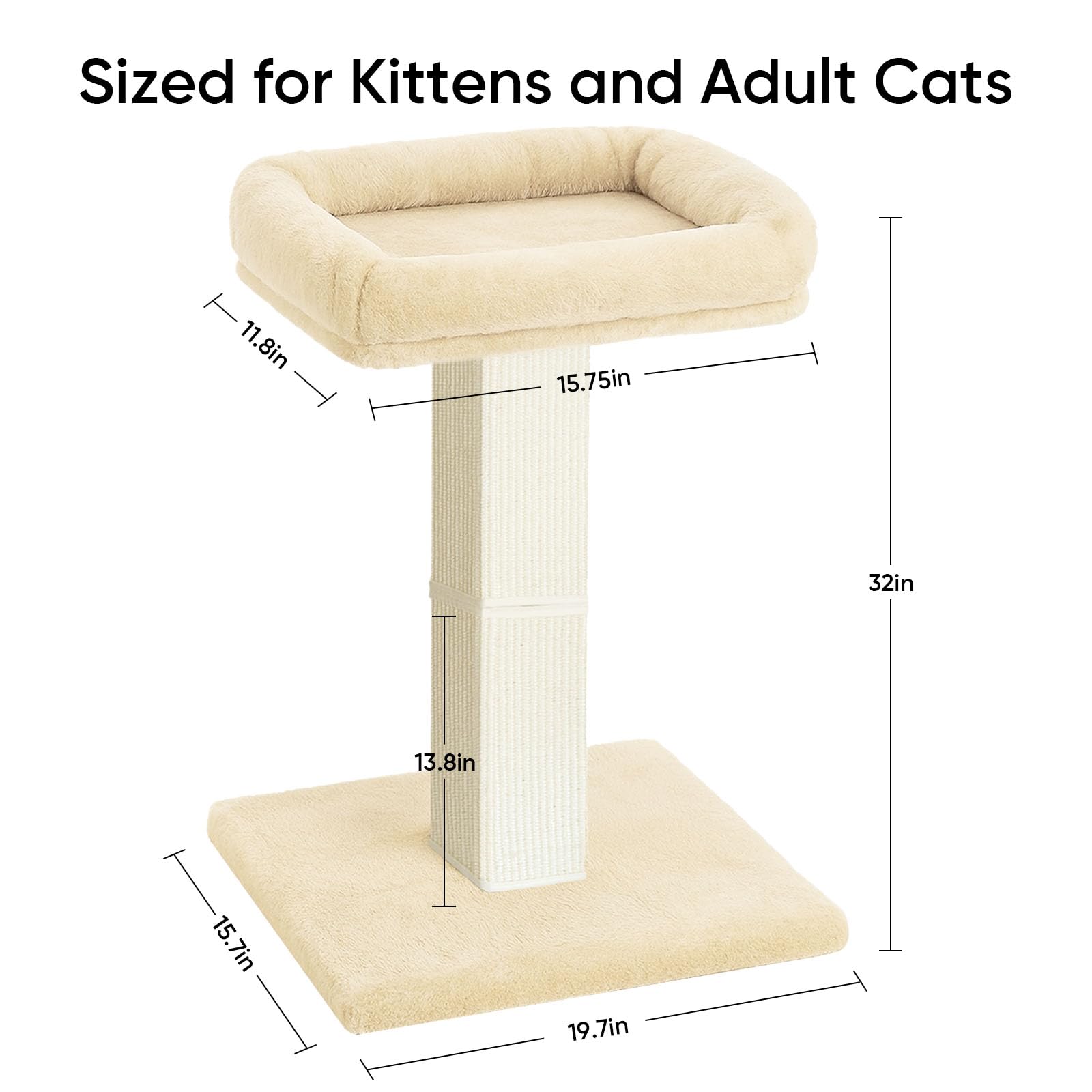 Tiragraffi per gatti, 81,3 cm, con grande posatoio in peluche, tiragraffi in sisal e moquette, pali verticali con letto rialzato per gatti domestici, fodera rimovibile e lavabile, beige