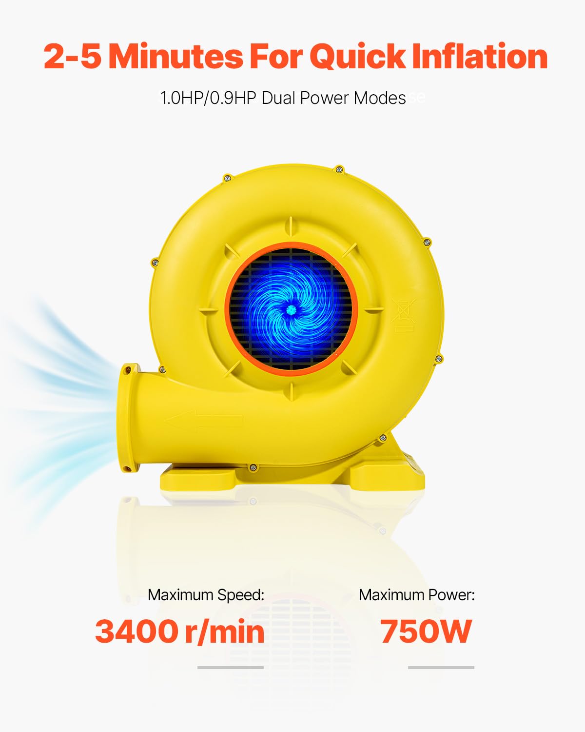 VEVOR Soplador de Aire para Castillos Inflables, 590 W y 690 W, 1,0 HP, Bomba Comercial, Ventilador Eléctrico 2750 RPM, Castillos Inflables, Toboganes de Agua, Amarillo, 360 x 230 x 370 mm