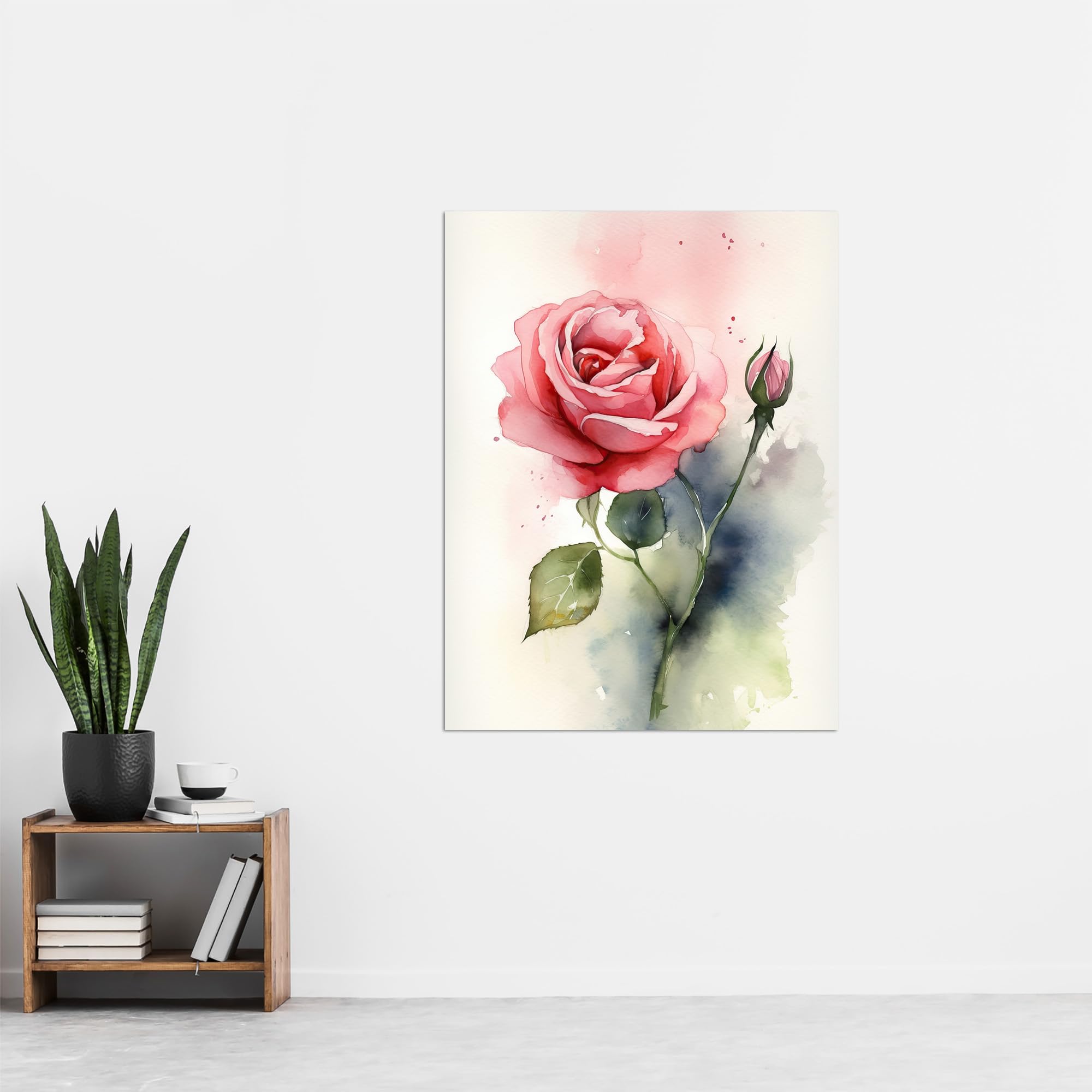 Artery8 Rose Bloom Flower Soft Watercolour Painting Green Pink Single Bloom With Bud Elegant Spring Romance Nature Colourful Bright Floral Modern Artwork Extra Large XL Wall Art Poster Print - Image 4