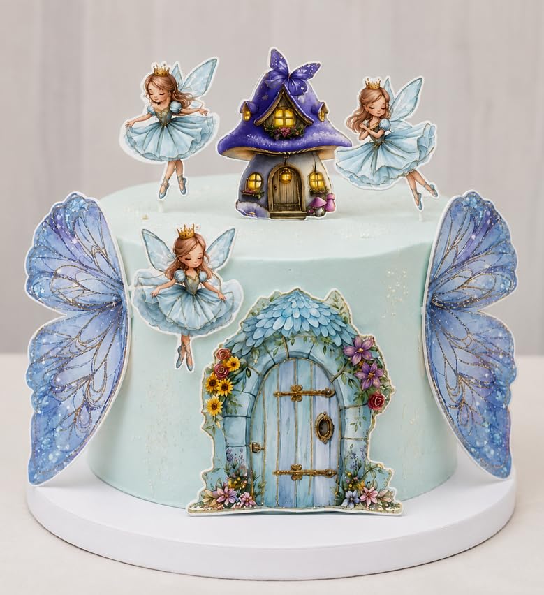 Homebakers Mart Fairy Princess Cake Topper Set with Butterfly Wings & Magical House – Blue Fairy Theme Cake Decoration for Birthday Party, Baby Shower & Celebration Cakes-image-30