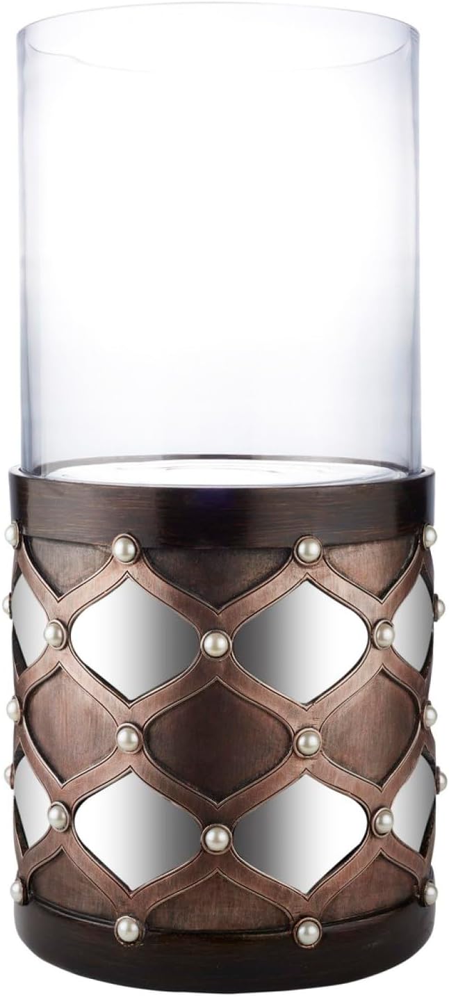 22" Tall Candleholder with Hurricane Glass, Arabesque Mirror Design