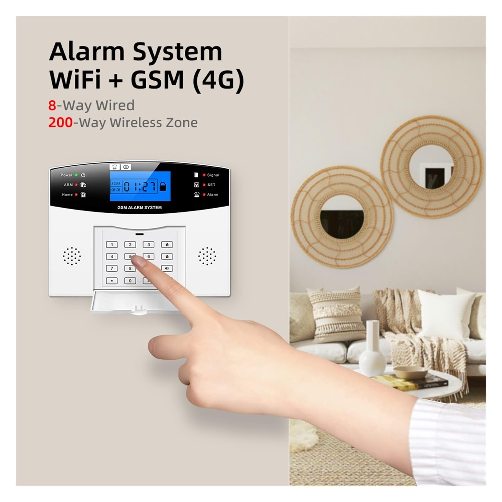 Sistema di Allarme di Sicurezza Domestica, Smart Alarm App Pannello di Allarme Controllo Remoto Commutabile 9 Lingue Sicurezza Domestica Wireless gsm GPRS Braccio Disarmato(GT-505-E)